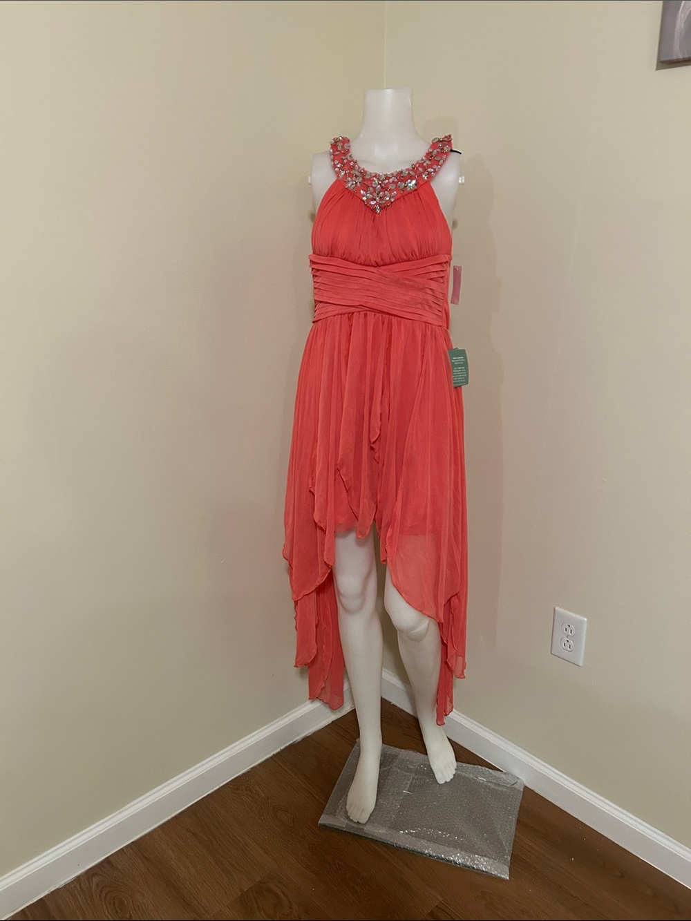 My Michelle Coral High-Low Chiffon Dress with Embellished Neckline